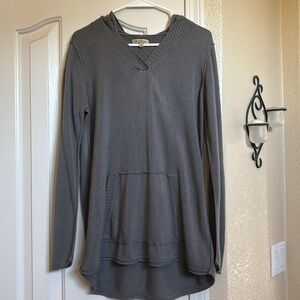 Democracy Women's Charcoal V-Neck Hooded Sweater. 100% acrylic